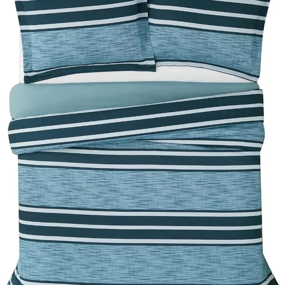 London Fog King 3 Pc Duvet Set New Blue Stripe Super Soft Hypo Allergenic